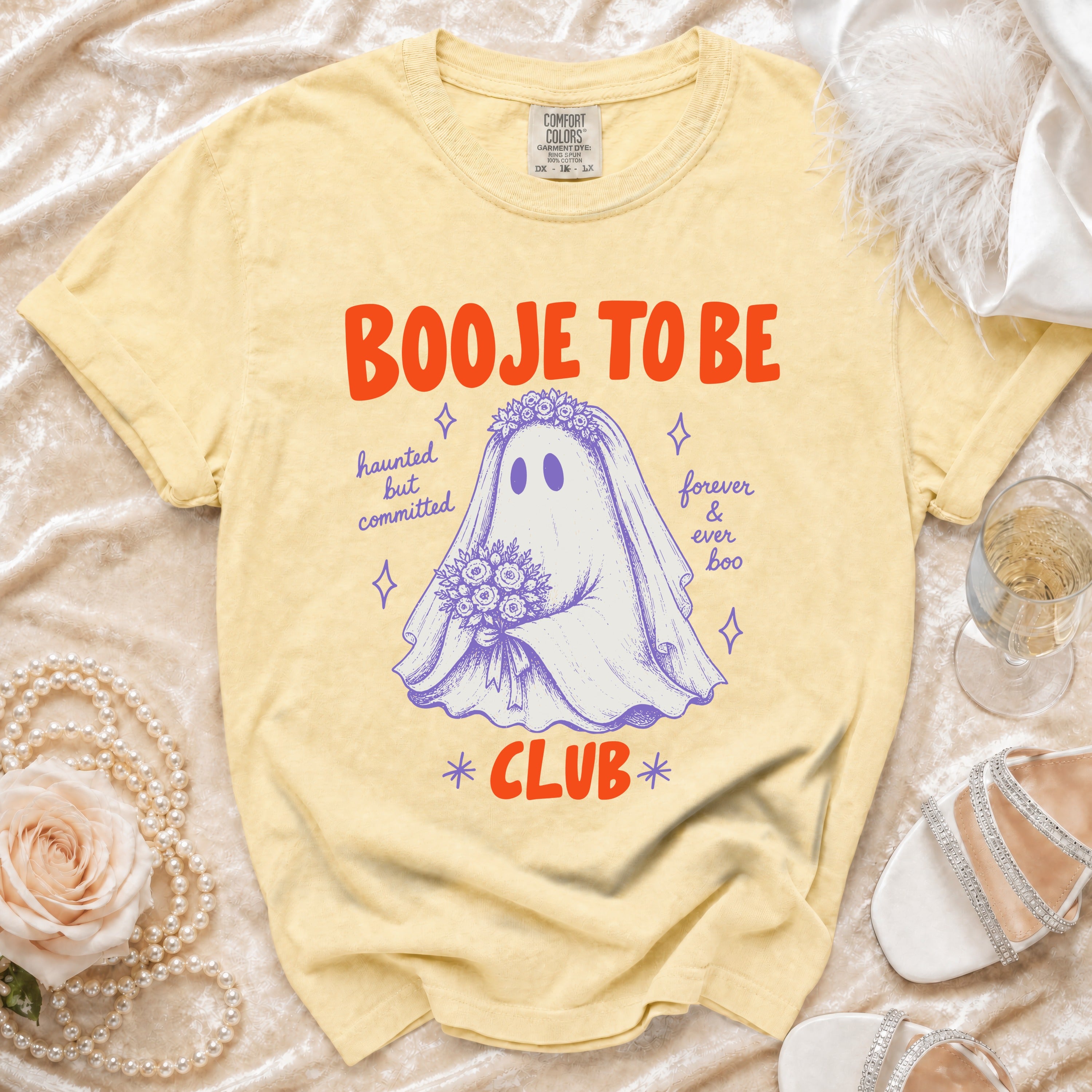 Yellow t-shirt with a ghost bride graphic and "Booje to be Club" text.