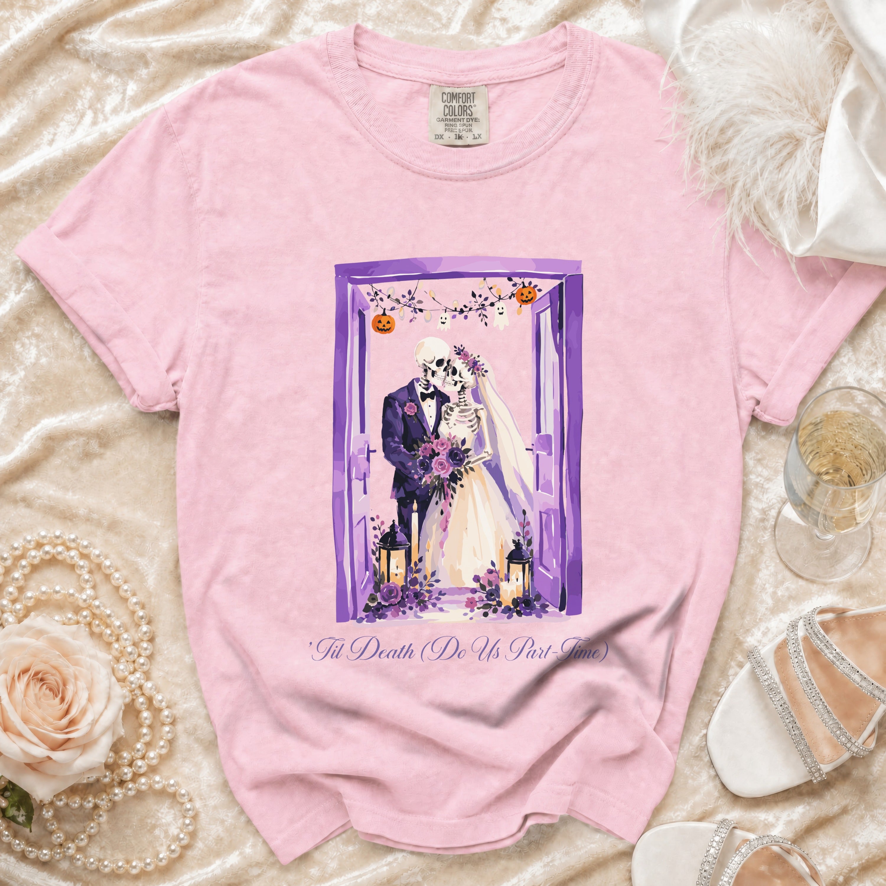 Pink t-shirt with skeleton bride and groom graphic and text 'Til Death Do Us Part-Time.