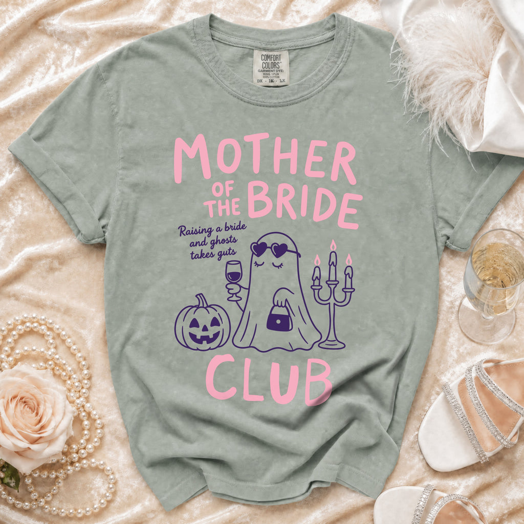 "Mother of the Bride Club" t-shirt with ghost graphic and text.