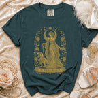 Dark green t-shirt with gold graphic of woman and dinosaur, reading "The Bridezilla Wrangler".