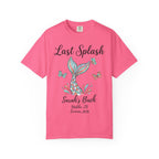 Pink t-shirt with "Last Splash Sarah's Bach" and mermaid tail design.