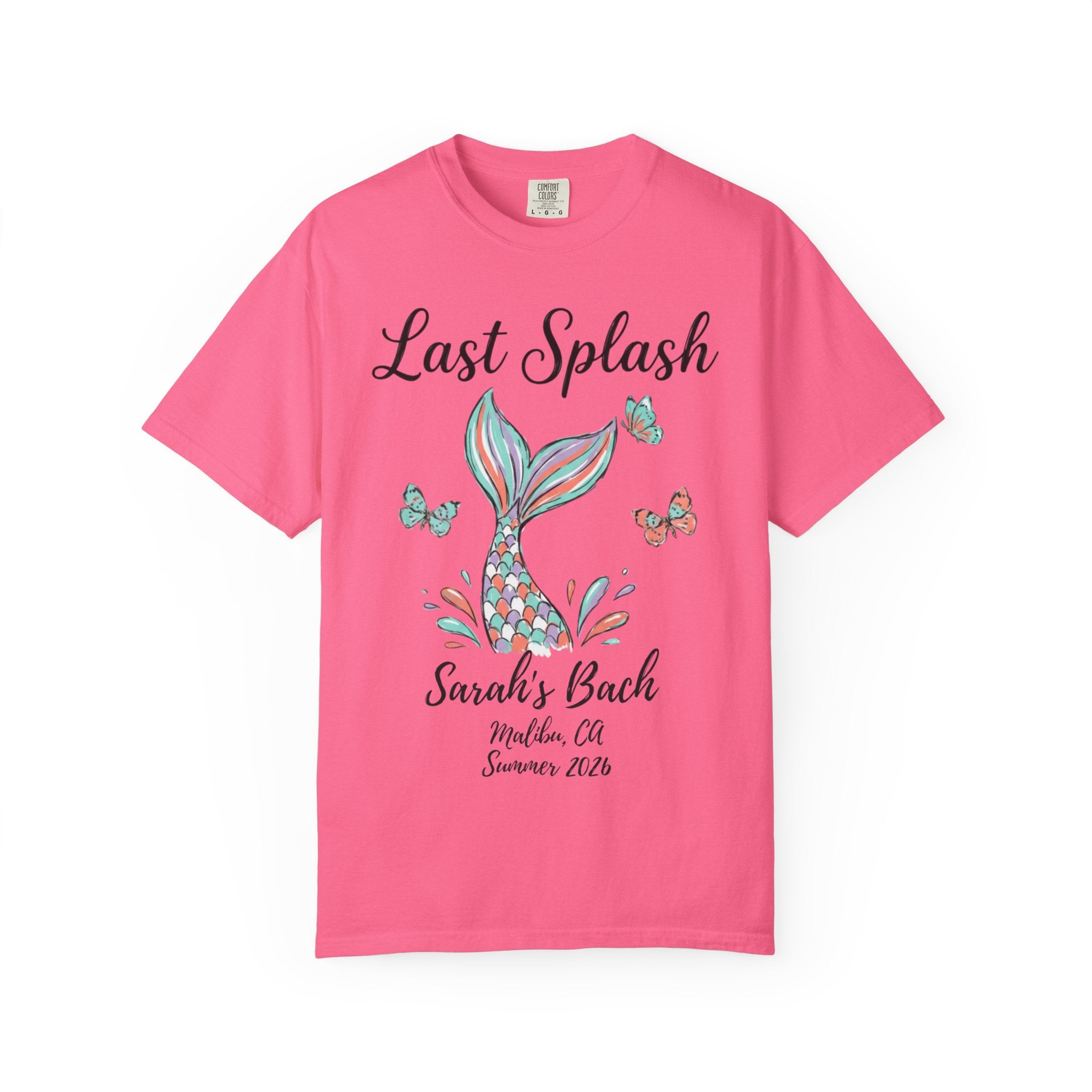 Pink t-shirt with "Last Splash Sarah's Bach" and mermaid tail design.