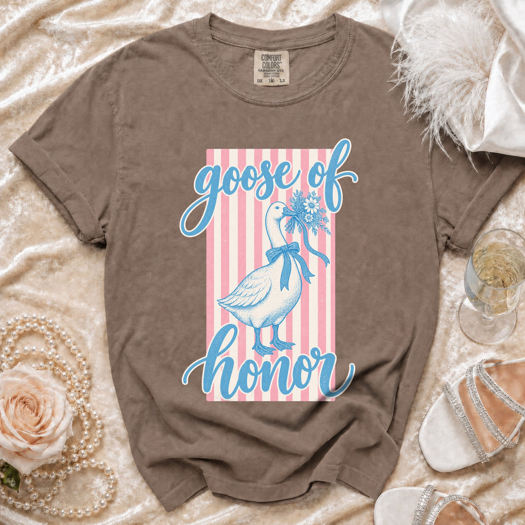 Brown t-shirt with a goose holding flowers and text "goose of honor".