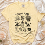 Yellow t-shirt with "Bridal Flash pick your poison" graphic and wedding icons.