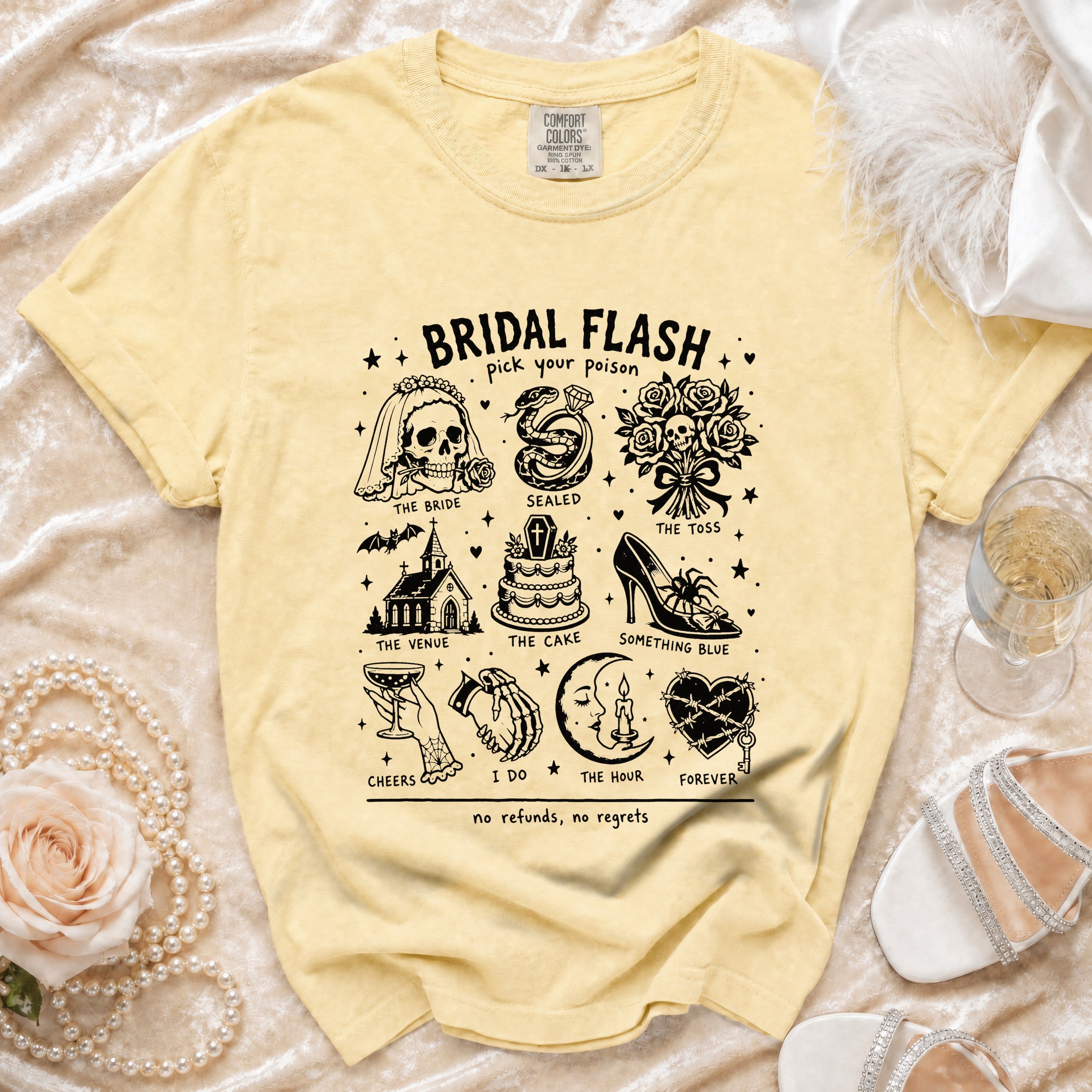 Yellow t-shirt with "Bridal Flash pick your poison" graphic and wedding icons.