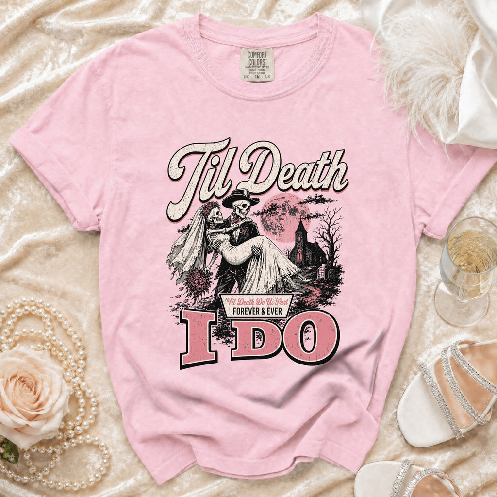 Pink t-shirt with skeleton bride and groom graphic and "Til Death" text.