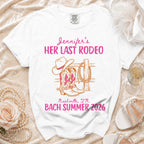 White t-shirt with "Jennifer's HER LAST RODEO Nashville, TN BACH SUMMER 2026" and cowboy boot graphics.