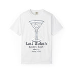 White t-shirt with "Last Splash Sarah's Bach Malibu CA Summer 2026" text and cocktail glass.
