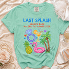 Mint green t-shirt with "Last Splash Sarah's Bach Malibu, CA Summer 2026" and tropical graphics.