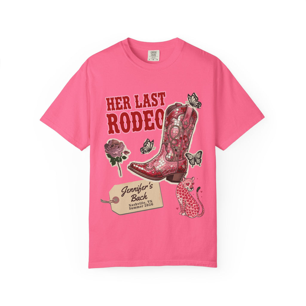 Pink t-shirt with "Her Last Rodeo" text, cowboy boot, and leopard print.