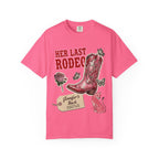 Pink t-shirt with "Her Last Rodeo" text, cowboy boot, and leopard print.