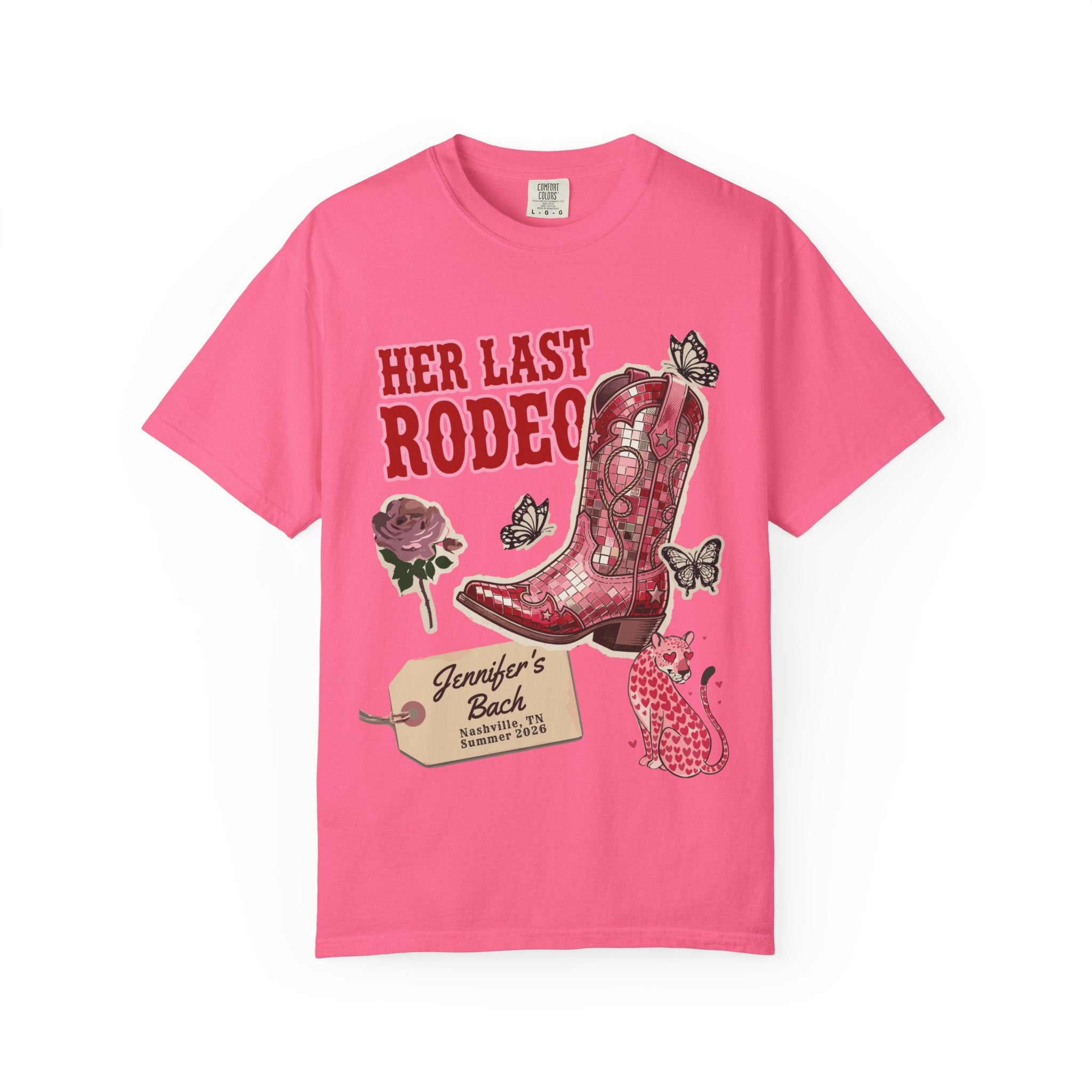 Pink t-shirt with "Her Last Rodeo" text, cowboy boot, and leopard print.