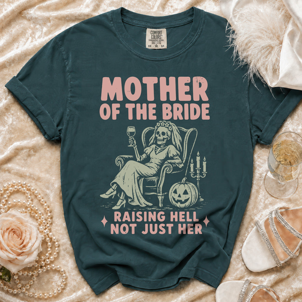 Dark teal t-shirt with "Mother of the Bride" and skeleton graphic.