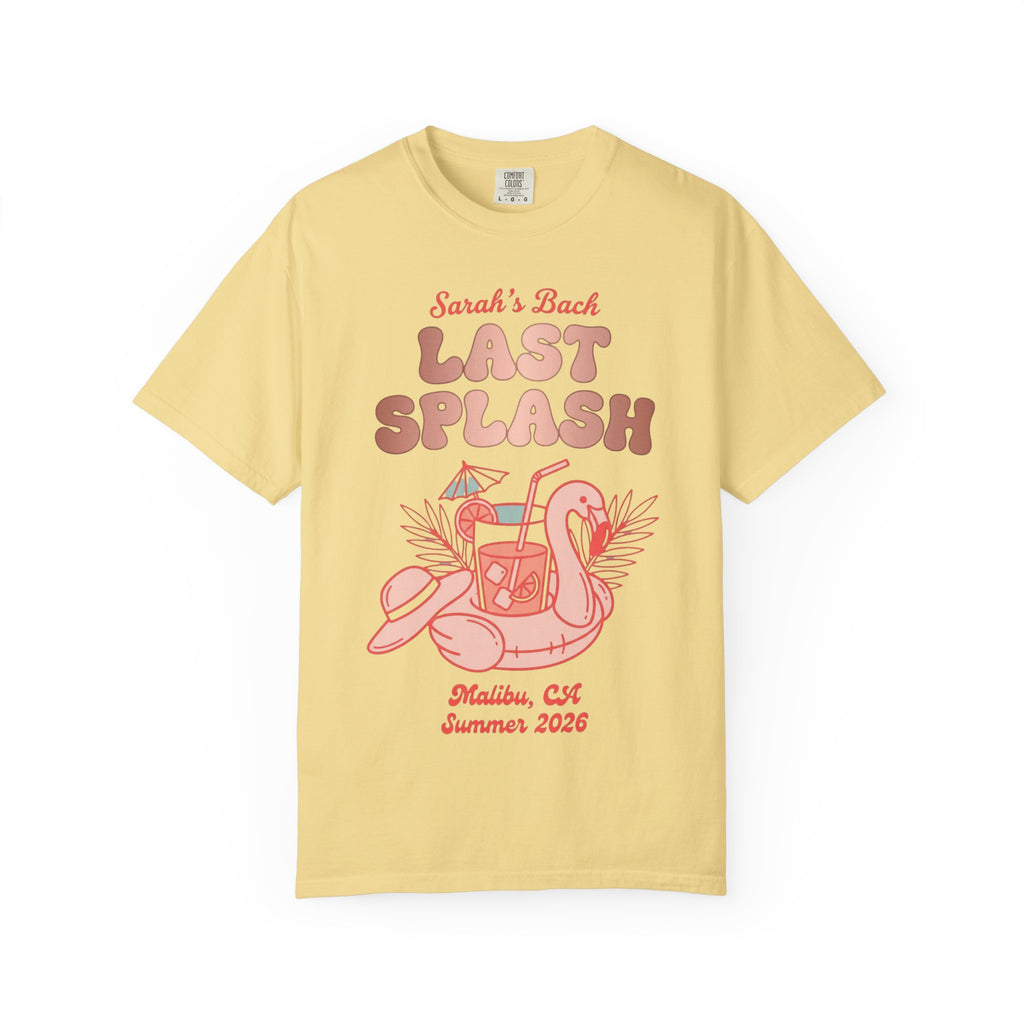 Yellow t-shirt with "Sarah's Last Splash" text and flamingo drink graphic.