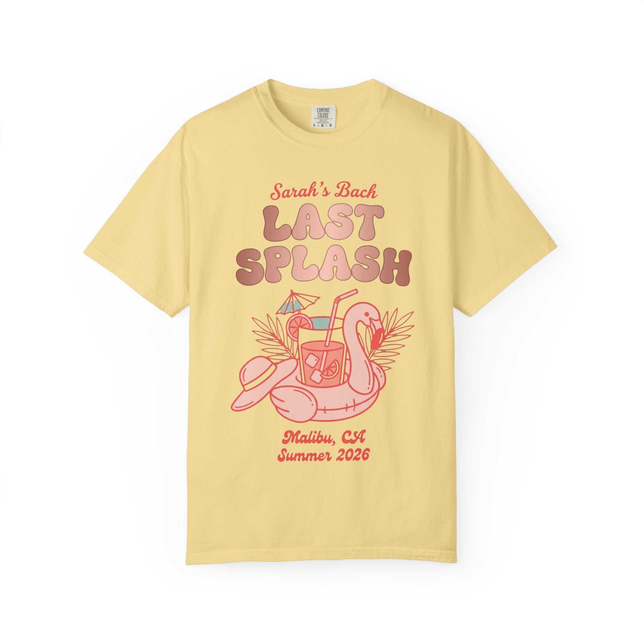 Yellow t-shirt with "Sarah's Last Splash" text and flamingo drink graphic.