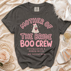 Mother of the Bride Boo Crew t-shirt with ghost and floral bouquet design.