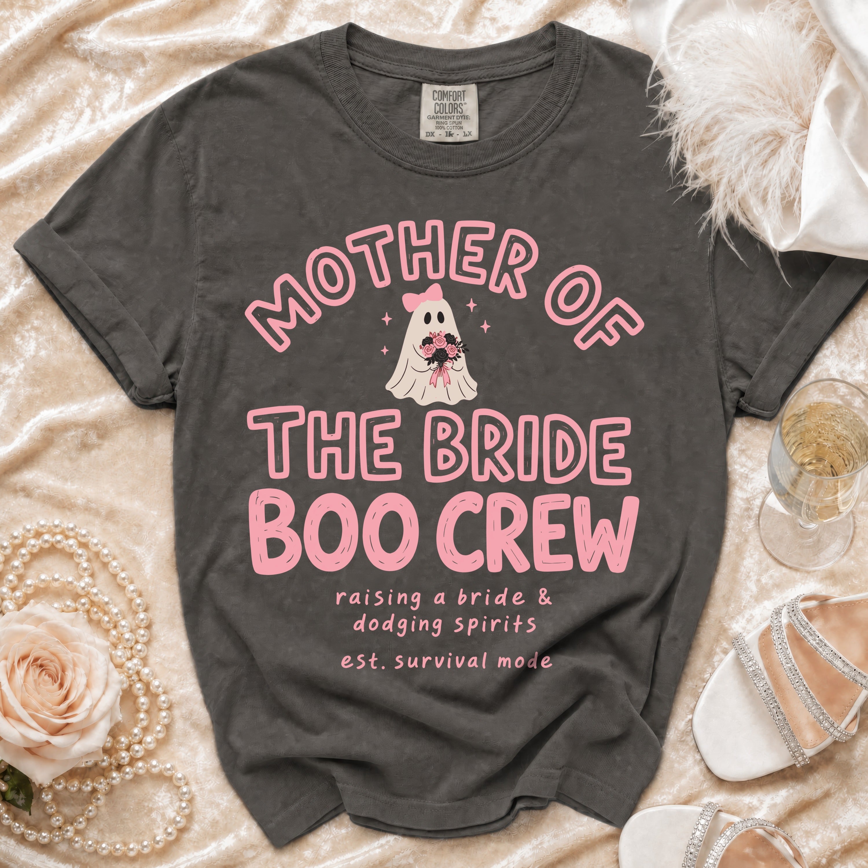Mother of the Bride Boo Crew t-shirt with ghost and floral bouquet design.