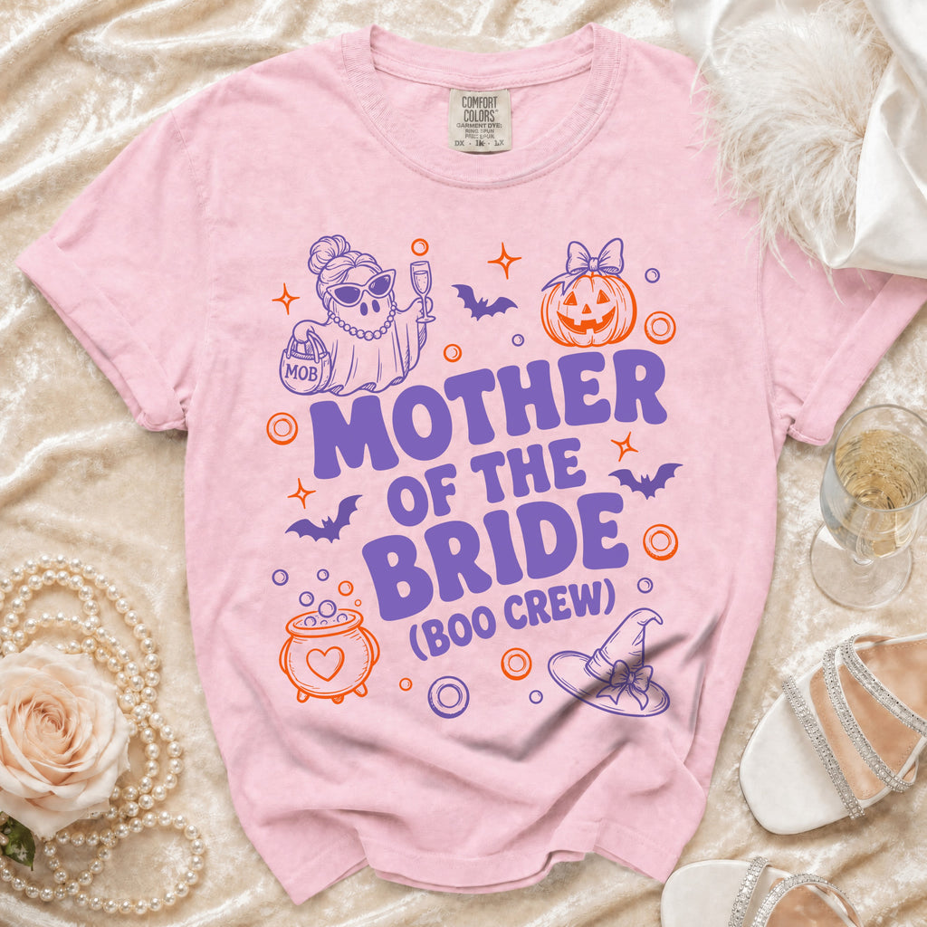 Pink t-shirt with "Mother of the Bride (Boo Crew)" and Halloween graphics.