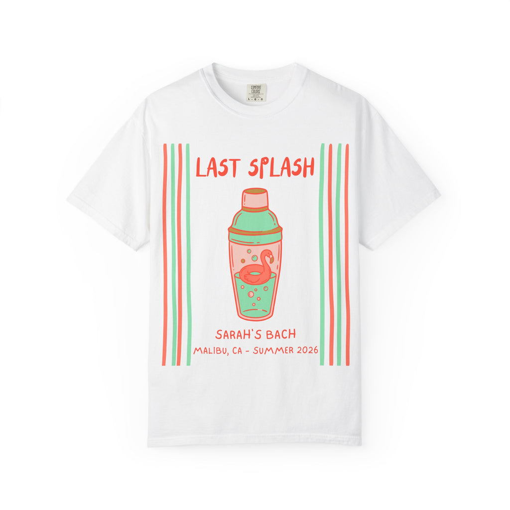 White t-shirt with "Last Splash" and a flamingo float in a shaker.
