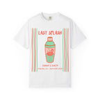 White t-shirt with "Last Splash" and a flamingo float in a shaker.