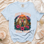 Light blue t-shirt with leopards wearing veil and bow tie, text "JUST MARRIED STILL WILD".