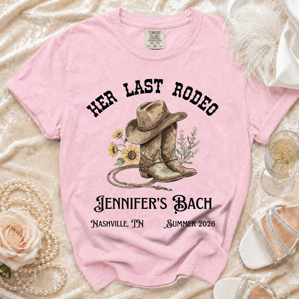 Pink t-shirt with "Her Last Rodeo Jennifer's Bach Nashville, TN Summer 2026".