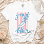 White t-shirt with "goose of honor" text and goose illustration on pink stripes.