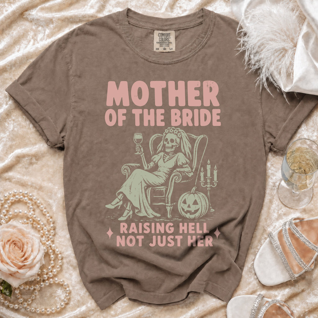 Mother of the Bride t-shirt with skeleton bride, pumpkin, and text.