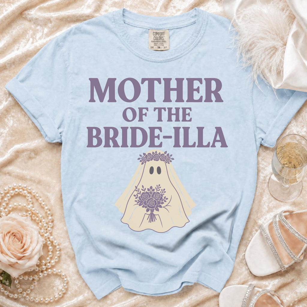 Light blue t-shirt with "Mother of the Bride-illa" text and a ghost bride graphic.