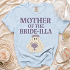 Light blue t-shirt with "Mother of the Bride-illa" text and a ghost bride graphic.
