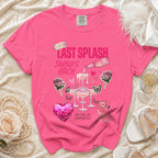 Pink t-shirt with "Last Splash Sarah's Bach Malibu, CA Summer 2026" design.