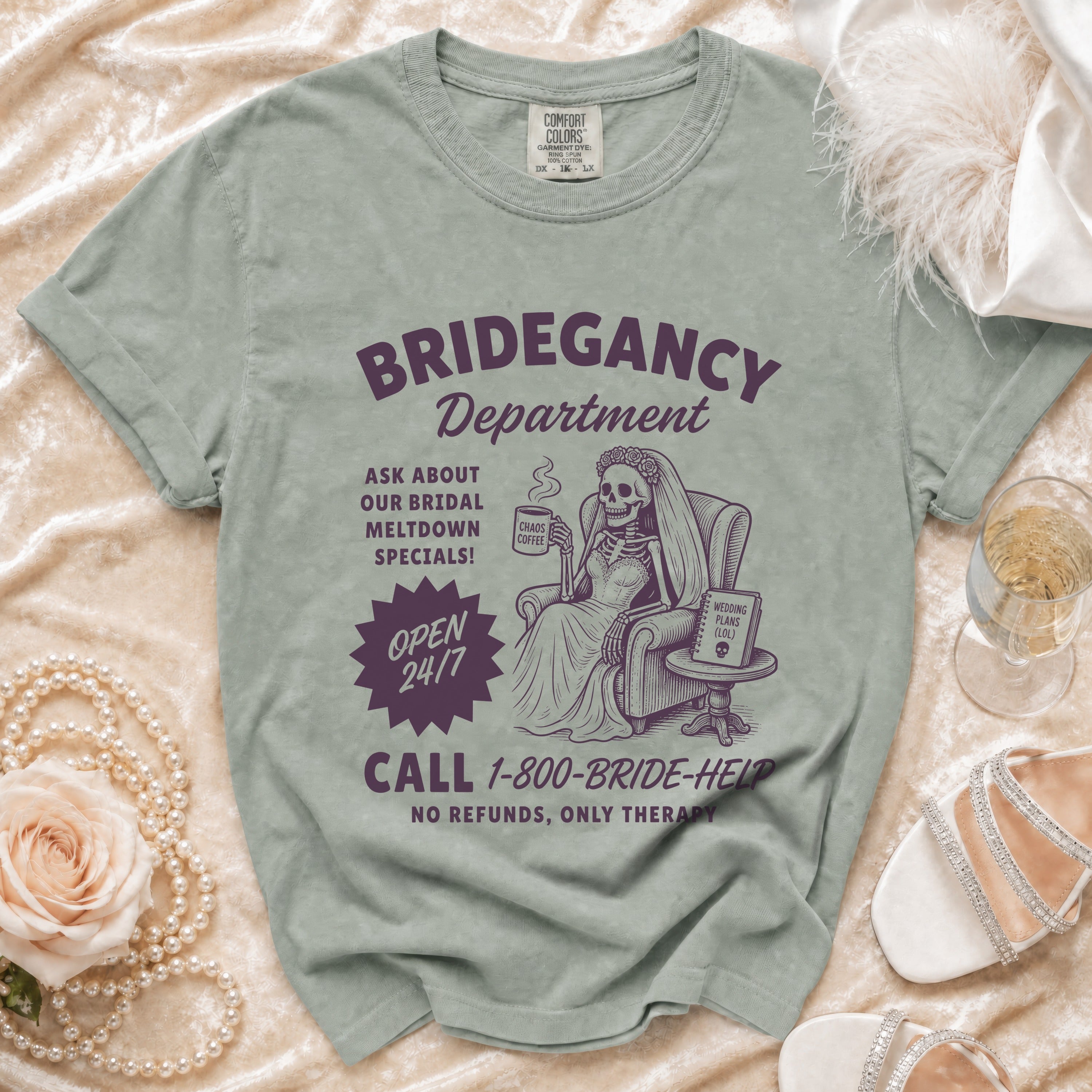 Shirt with "Bridegancy Department" text, skeleton bride, and 1-800-BRIDE-HELP number.