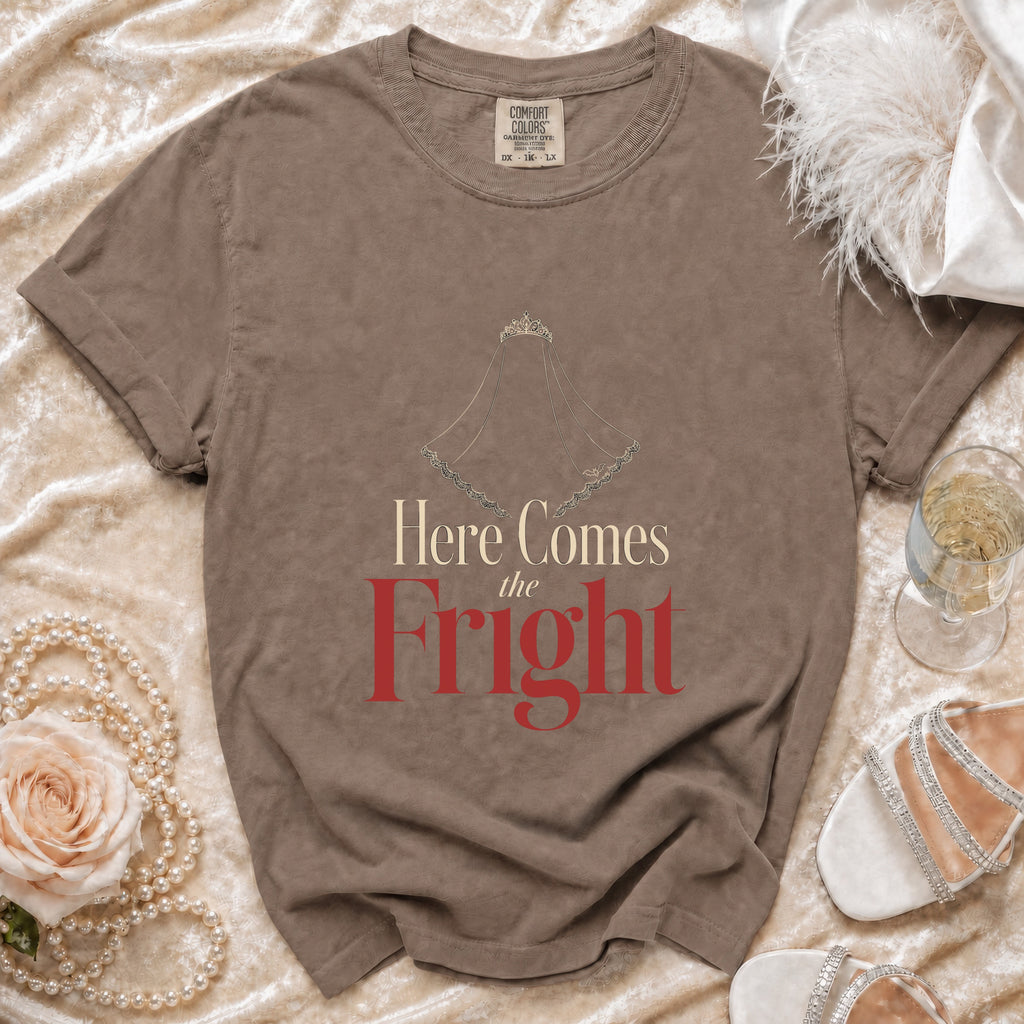 Brown t-shirt with "Here Comes the Fright" text and a veil graphic.