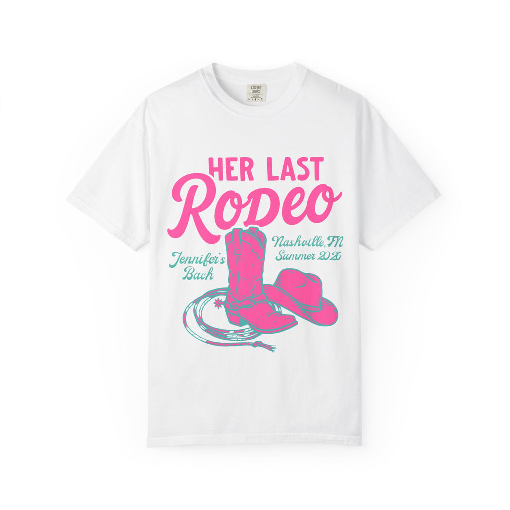 White t-shirt with "Her Last Rodeo" Nashville, TN Summer 2023 design.