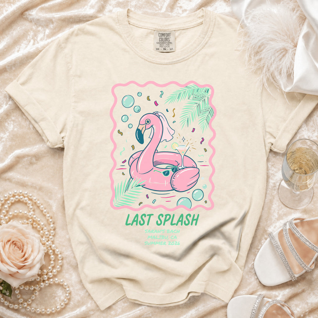 Flamingo on inflatable pool float with "Last Splash Sarah's Bach Malibu Ca Summer 2026".