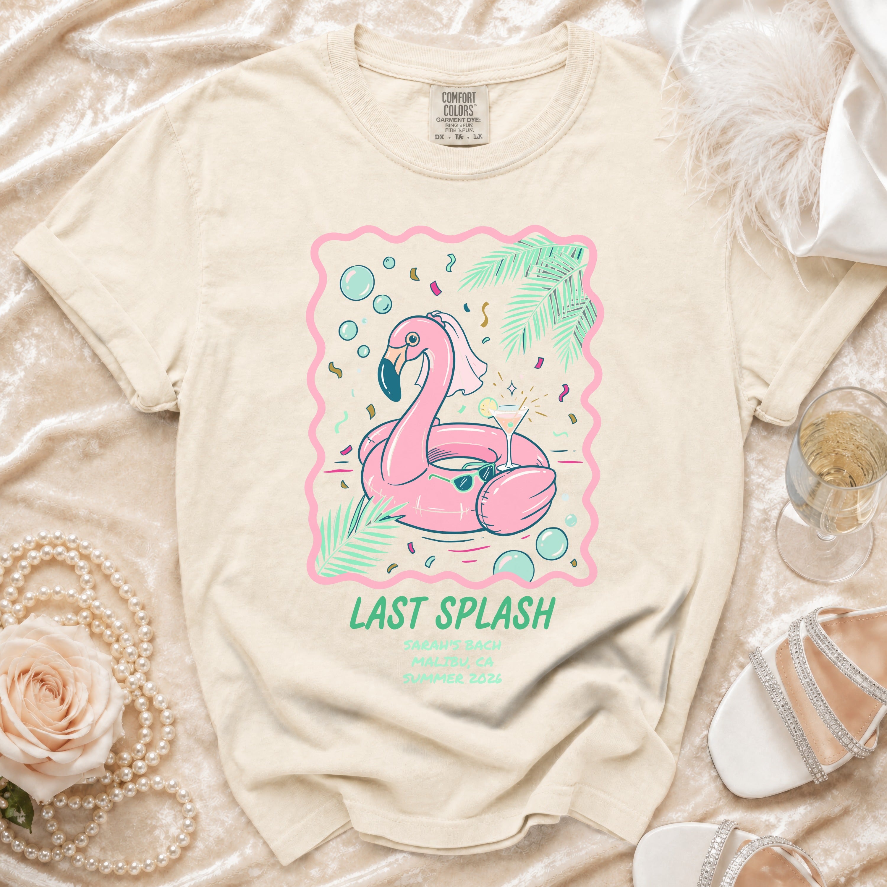 Flamingo on inflatable pool float with "Last Splash Sarah's Bach Malibu Ca Summer 2026".