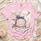 Pink t-shirt with "Mother of the Boo Crew" Halloween graphic and watercolor accents.