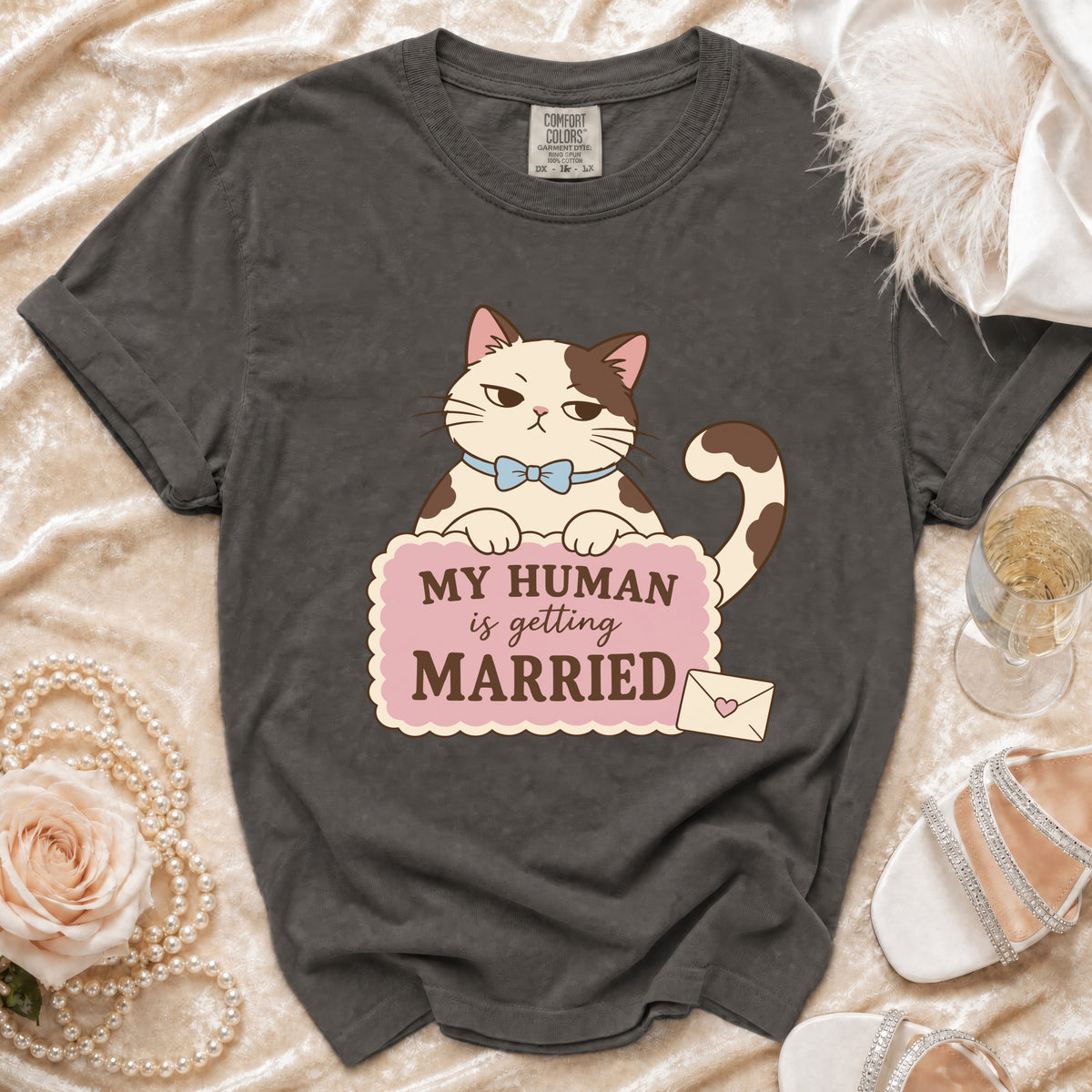 Dark grey t-shirt with cartoon cat and text "My Human is getting Married".