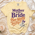 Yellow t-shirt with "Mother of the Bride Boo-tifully Handling It!" text and a ghost.