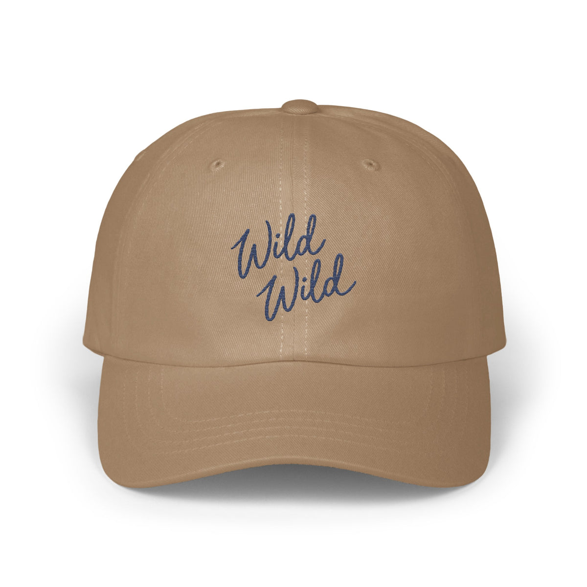 Tan baseball cap featuring embroidered blue cursive text that reads Wild Wild on the front panel.