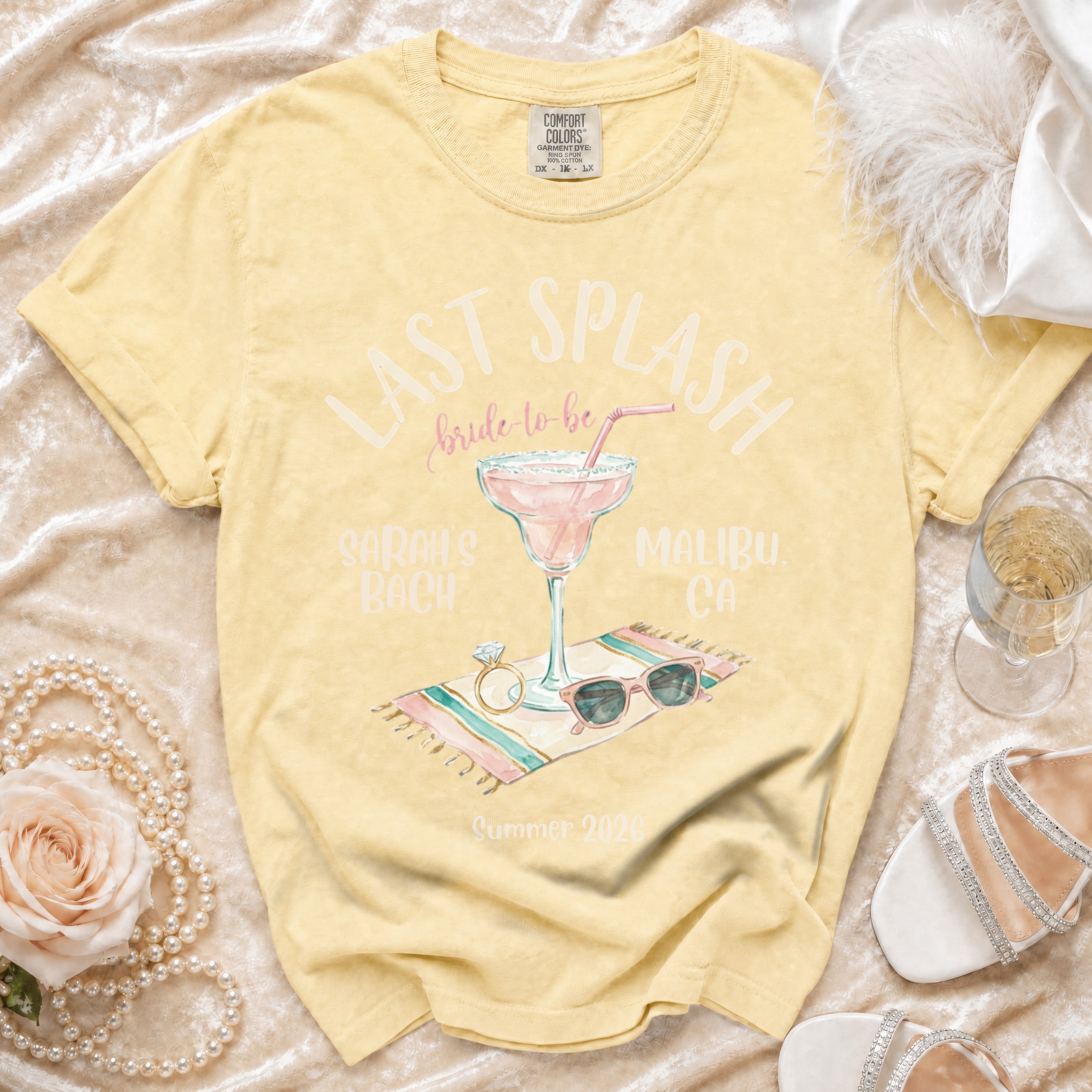 Yellow t-shirt with "Last Splash," "Bride-to-Be," and "Malibu, CA" text.