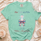 Mint green t-shirt with "Red, White & I Do" and bachelorette details.