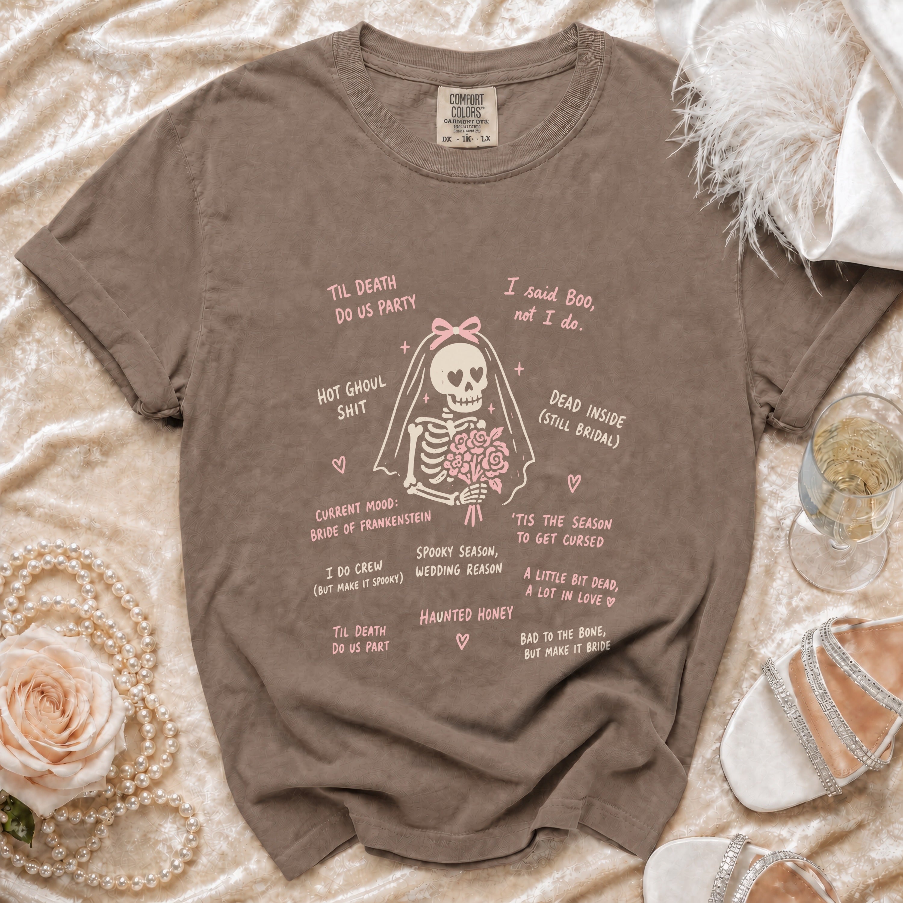 Brown t-shirt with skeleton bride graphic and Halloween wedding text.