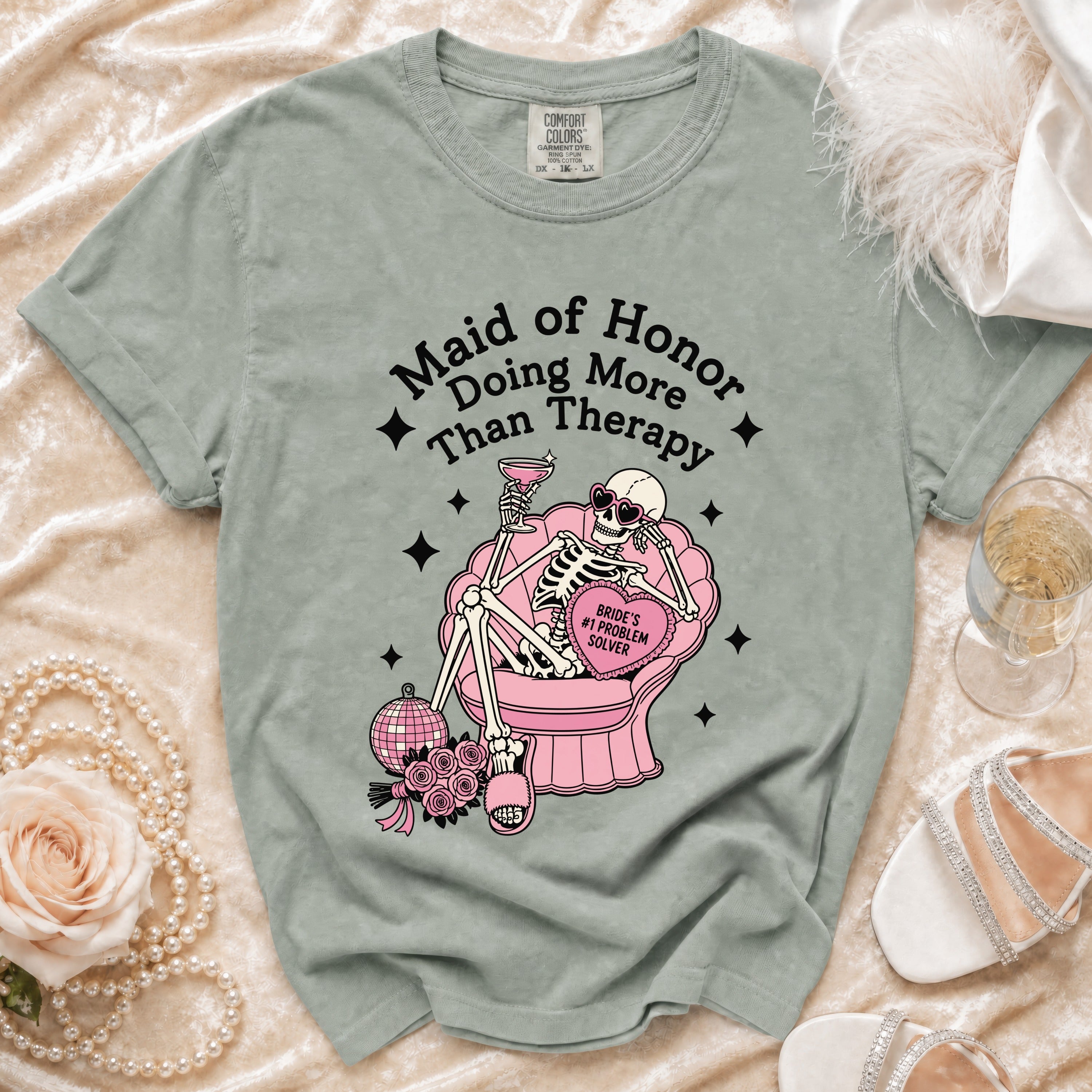 Maid of Honor Doing More Than Therapy t-shirt with skeleton design.