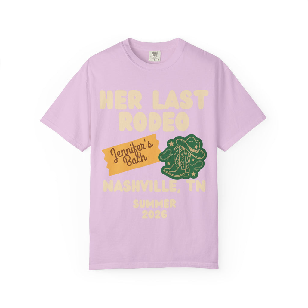 Lavender t-shirt with "Her Last Rodeo" and Nashville, TN Summer 2026 text.