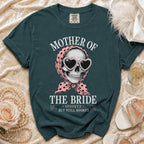 T-shirt with "Mother of the Bride" text and skull graphic wearing heart sunglasses.