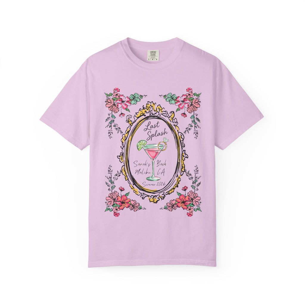 Light pink t-shirt with floral oval frame, text "Last Splash" and "Summer 2018".