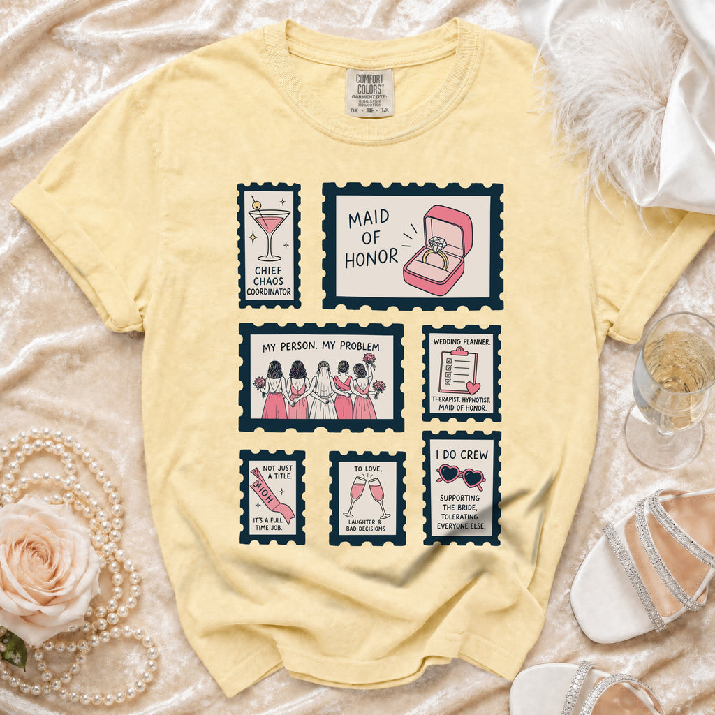 Yellow t-shirt with postage stamp-style graphics for wedding party roles and quotes.