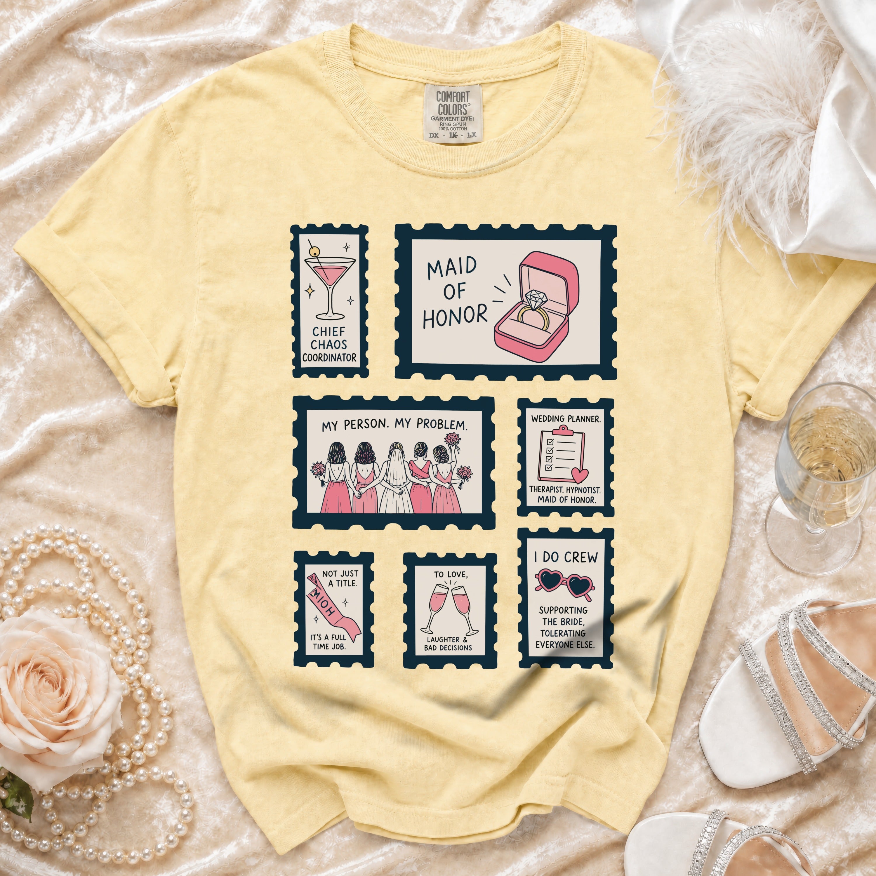 Yellow t-shirt with postage stamp-style graphics for wedding party roles and quotes.