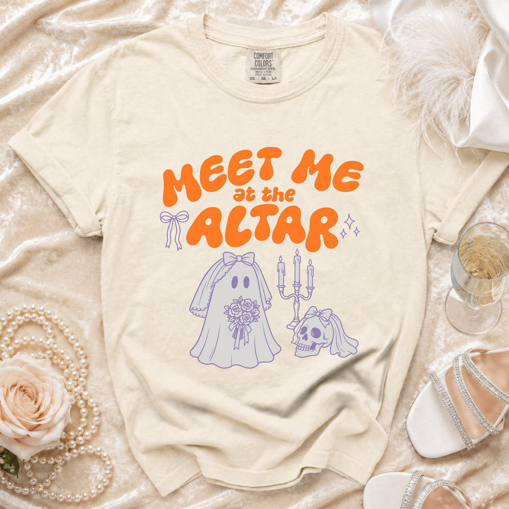 T-shirt with "Meet Me at the Altar" text and ghost bride graphic.